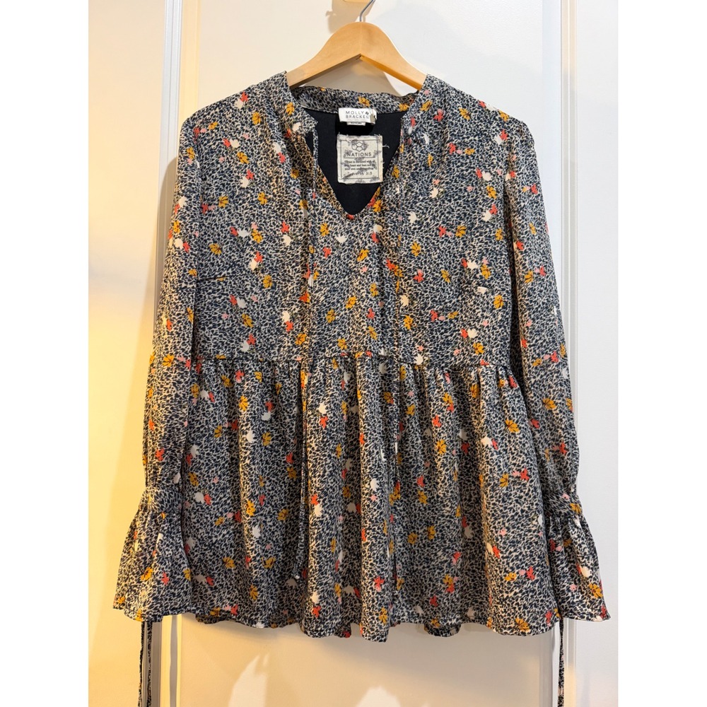 Molly Bracken Nations Floral Babydoll Top Navy Blue Ruffle Bell Sleeve Small